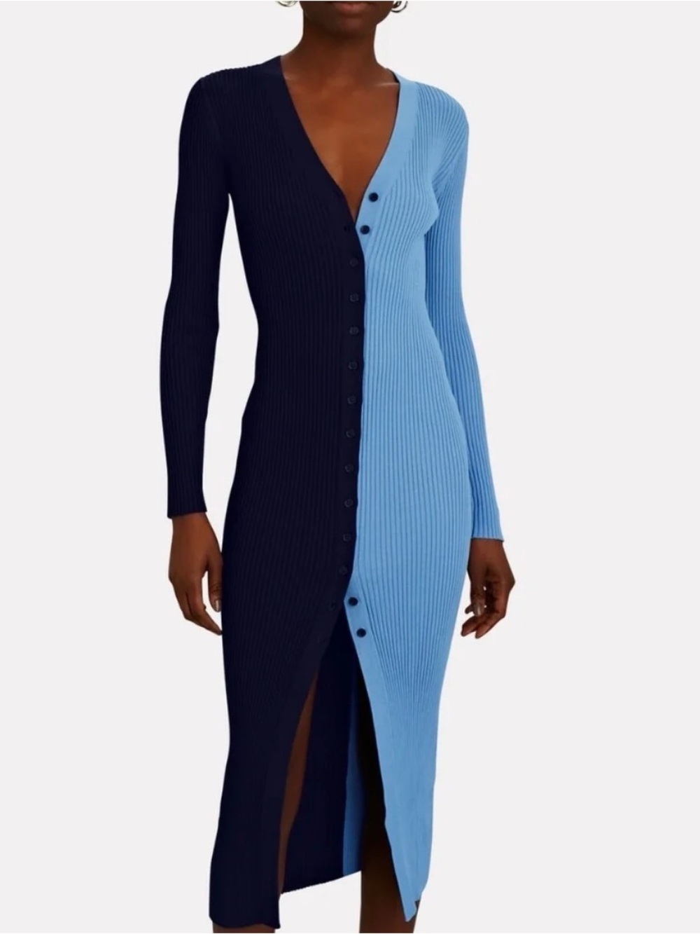 STAUD Shoko Navy Light Blue Colorblock Midi Dress